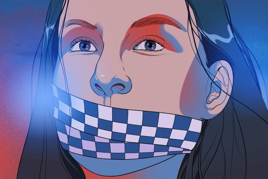 An illustration shows a close-up of a woman's face, police tape across her mouth