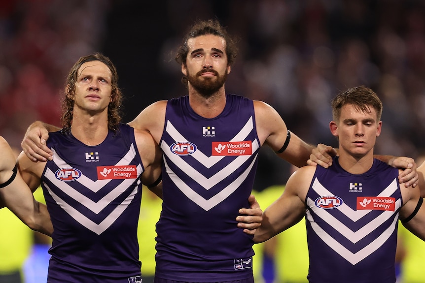Nat Fyfe and Alex Pearce in tears during tribute
