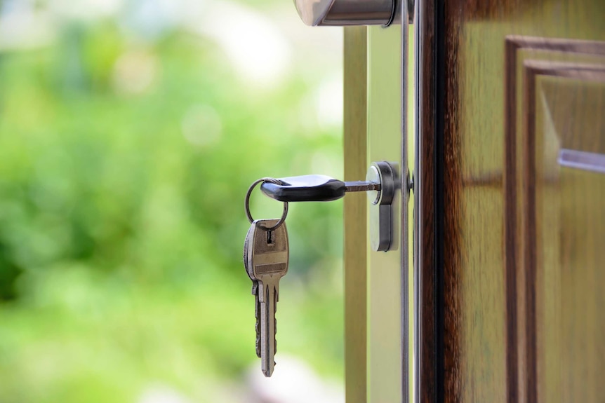 Keys hang from lock, in a front door.