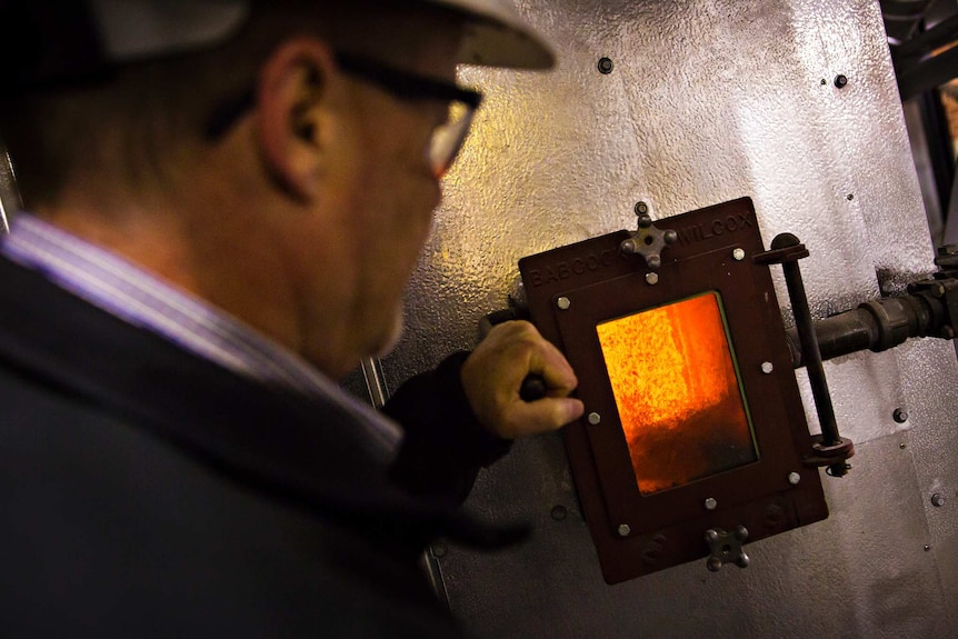 The viewing window of a biomass boiler.