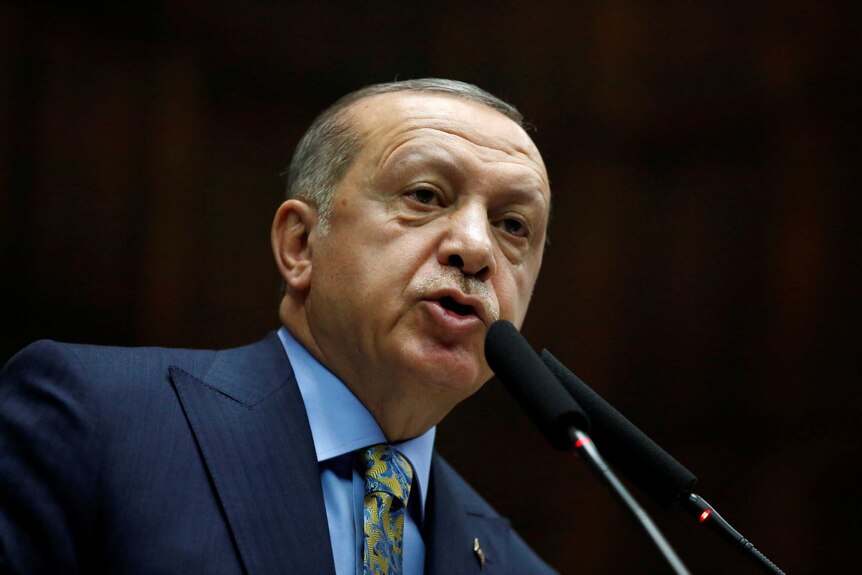 Tayyip Erdogan speaks into a microphone.