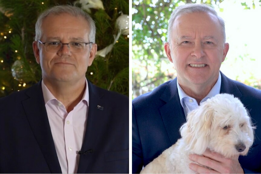 A composite image of screengrabs from the leaders' Christmas messages. Anthony Albanese is holding a dog.