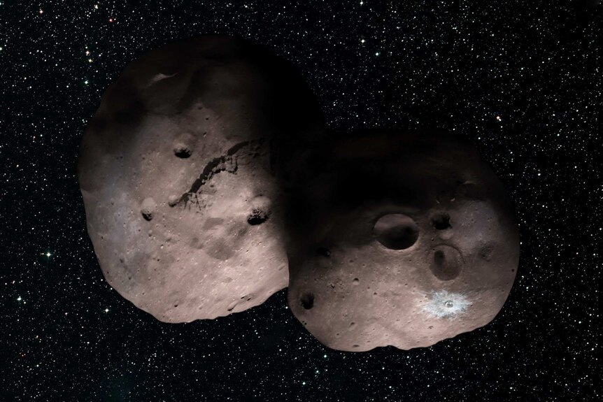 An illustration of what the object MU69 might look like, comprising two boulders squashed together
