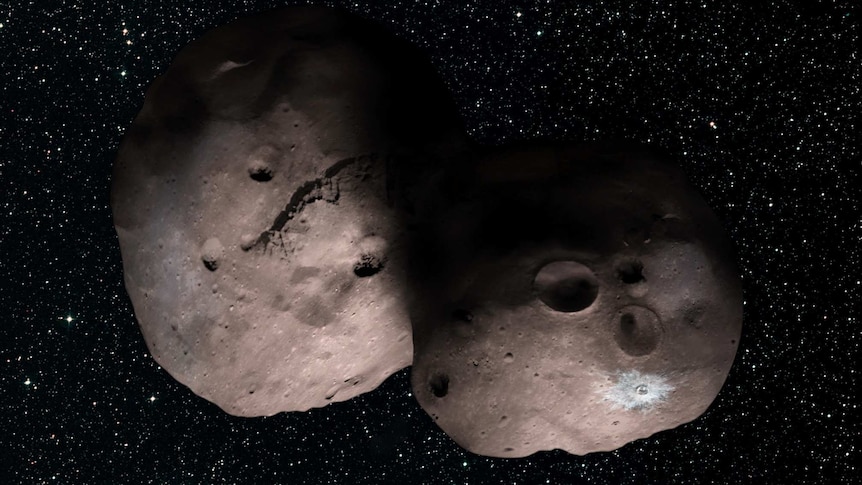 An illustration of what the object MU69 might look like, comprising two boulders squashed together