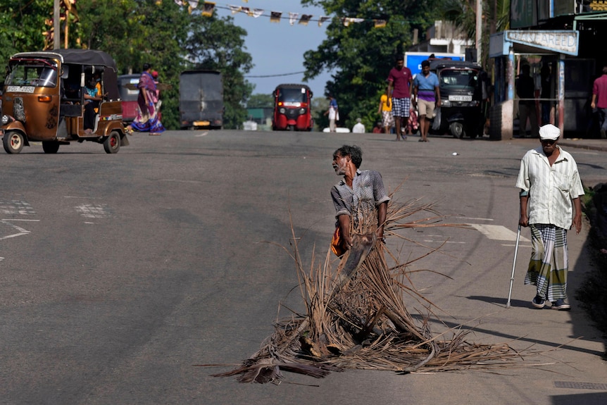 A man pulls fallen coconut leaves along a road in Sri Lanka