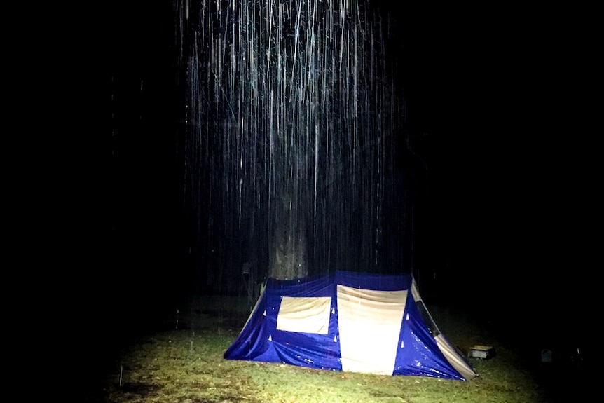 A tent in the rain at the Nowra showgrounds.