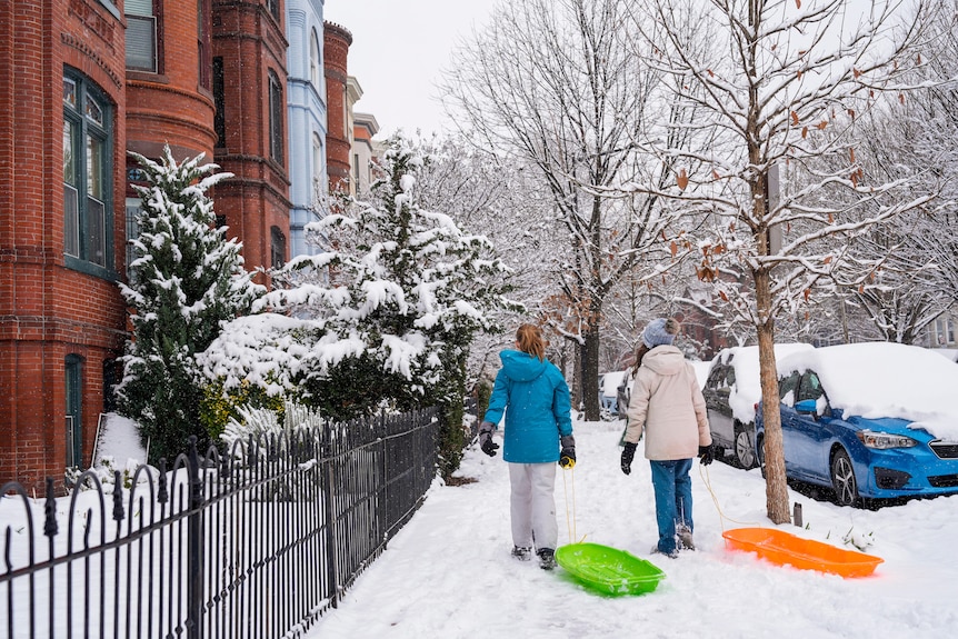 Two girls wearing winter clothes pull sleds on a snowy street