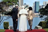 The Pope surveys his Sydney Harbour route with PM Kevin Rudd and his wife, Therese Rein.