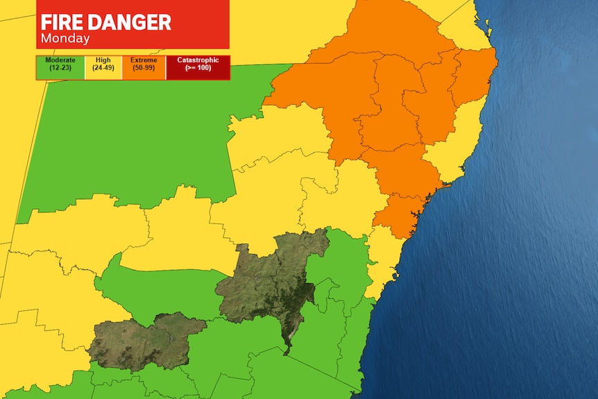 A map of New South Wales showing the levels of fire danger across the state, with orange colours from Sydney to the north border