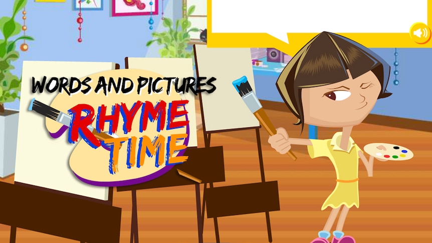 Screenshot of Words and pictures: cartoon girl with paintbrush, text reads "Words and pictures Rhyme Time"
