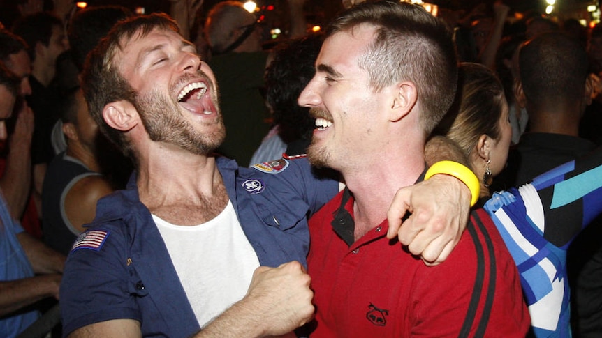 People in New York celebrate the passage of a bill legalising gay marriage in 2011.