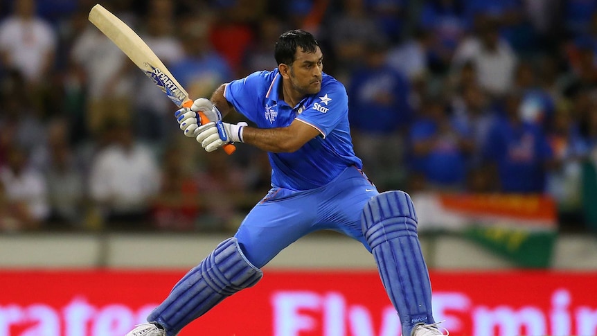 MS Dhoni bats for India against West Indies in their Cricket World Cup match at the WACA ground.