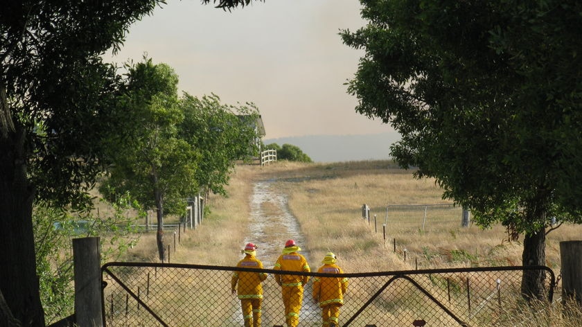 Three Tasmanian fire fighters walk toward smoke in the distance near York Town