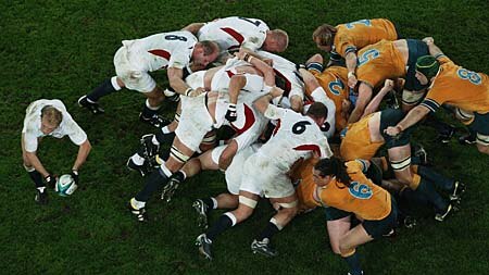 Matt Dawson clears the ball out of a scrum during the Rugby World Cup final betwee