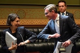 Gladys Berejiklian and Dominic Perrottet elbow bump in the Lower House.