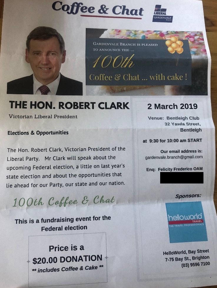 A flyer promoting a "coffee and chat" fundraiser with Robert Clark's photo and Helloworld branding