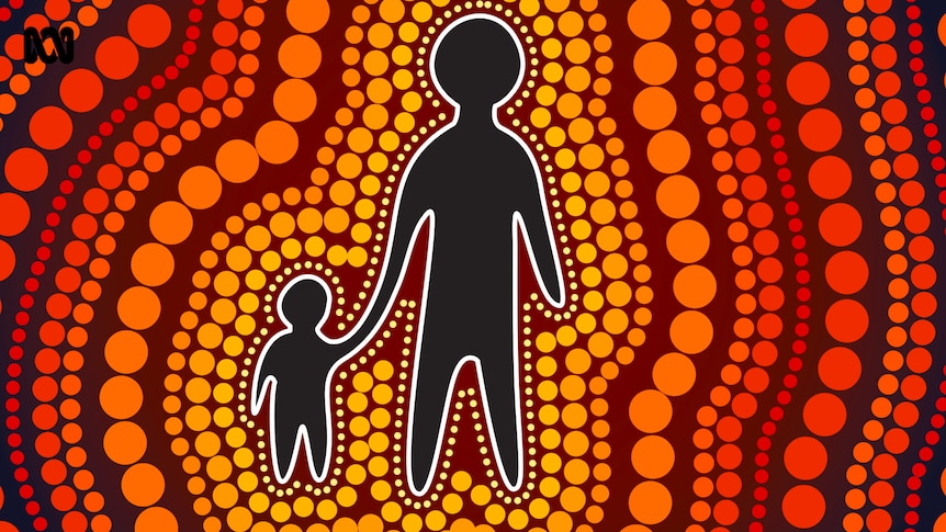 Indigenous styled illustration showing silhouettes of an adult holding a child's hand.