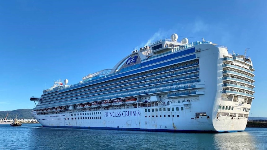 A large cruise ship is towed by a tug boat.