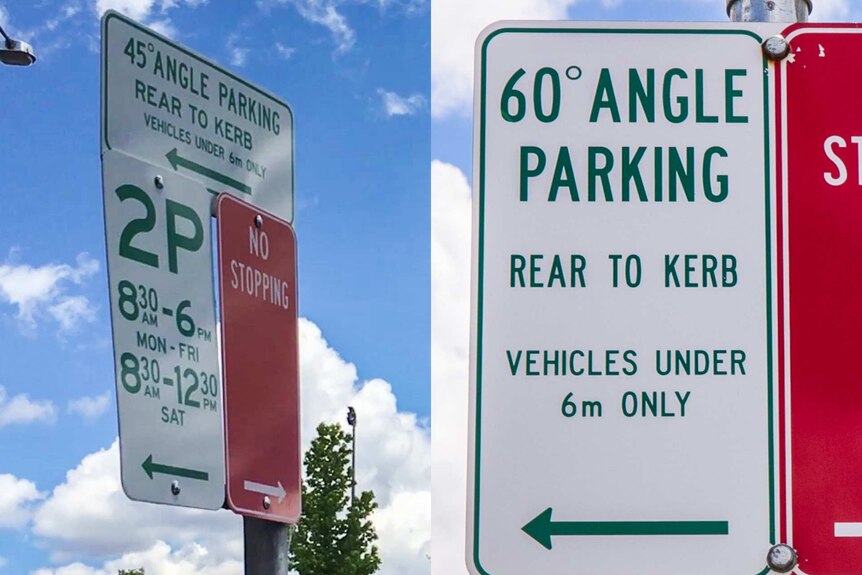 Parking signs saying 45 and 60 degrees angle parking