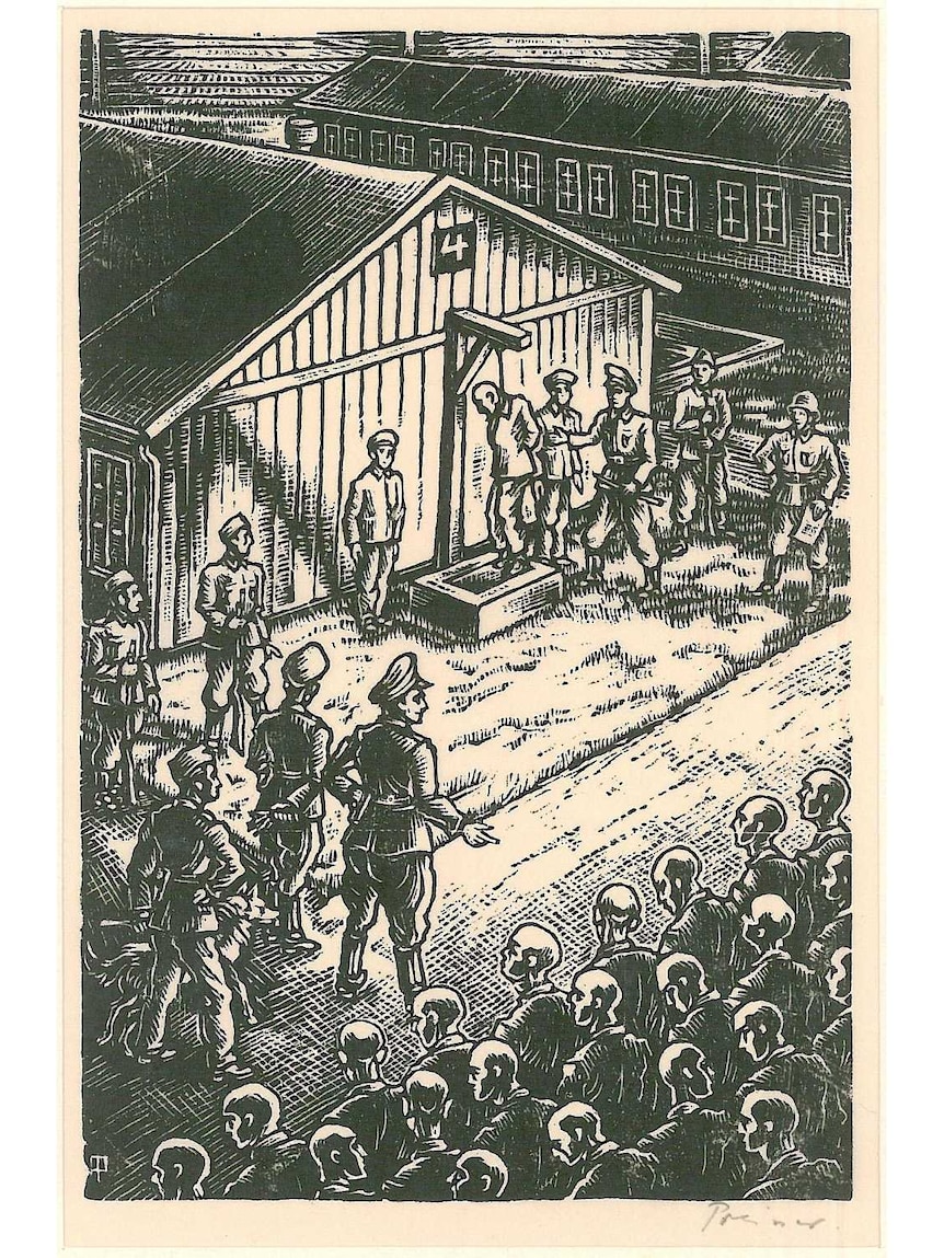 A woodcut by Walter Preisser of a Jewish prisoner being hung in a concentration camp