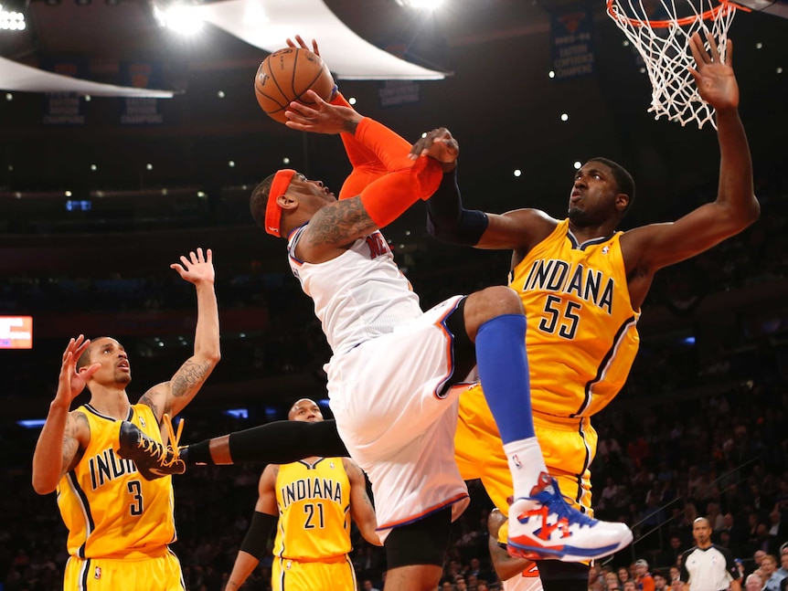 New York Knicks' Carmelo Anthony shoots against Indiana