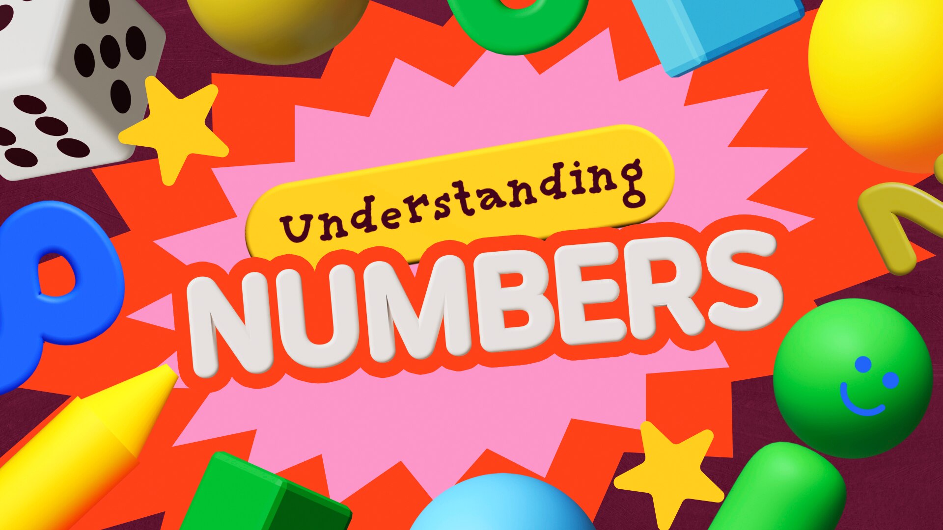 Graphic image of text on screen 'Understanding Numbers' surrounded by spheres and dice