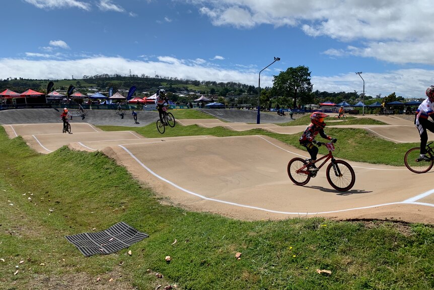 Riders hit the track during practise for the National BMX Championships that are being held in Launceston in northern Tasmania.