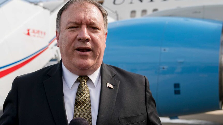 Mr Pompeo speaks to reporters on the tarmac in North Korea