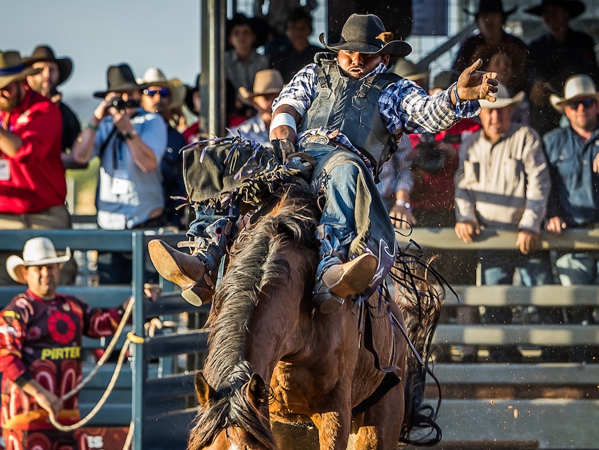 A cowboy rides a bucking bronco at a rodeo
