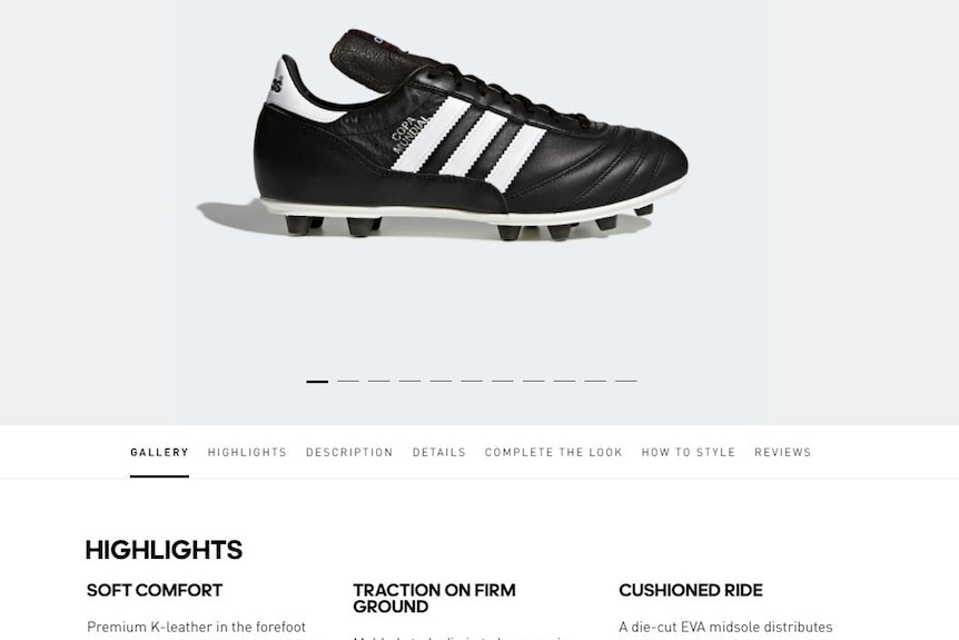 a black and white sports shoe on an online website, being described as kangaroo leather