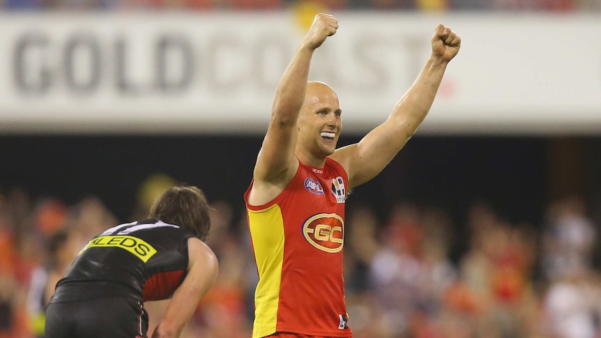 The Gold Coast Suns' Gary Ablett celebrates after winning the round one 2013 game against St Kilda.