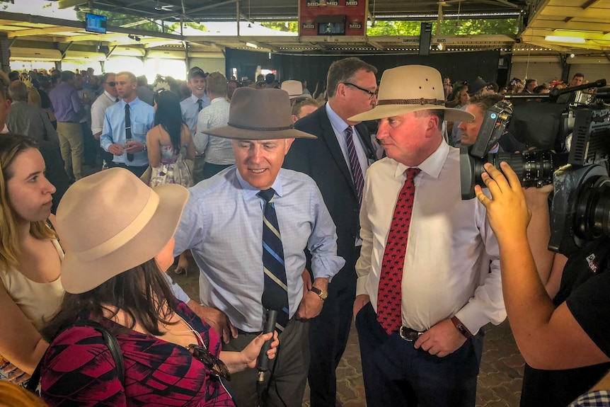 Prime Minister Malcolm Turnbull and Barnaby Jocye talking to two women, with a crowd behind them.
