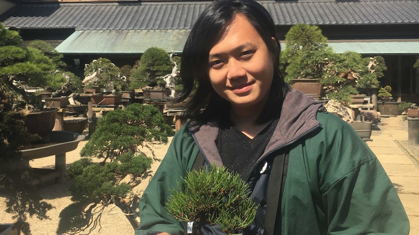 Bonsai apprentice Austen Kosasih holding a small tree.