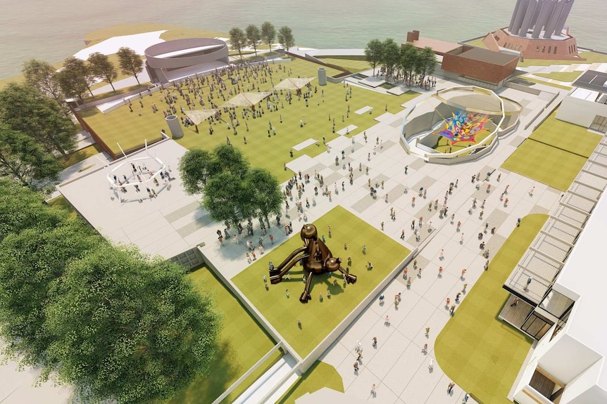 An aerial view of the proposed Motown hotel development, showing green spaces, a playground, sculptures and the outdoor theatre