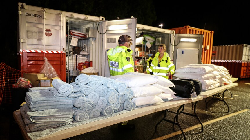 Towels and bedding at emergency service workers' base camp