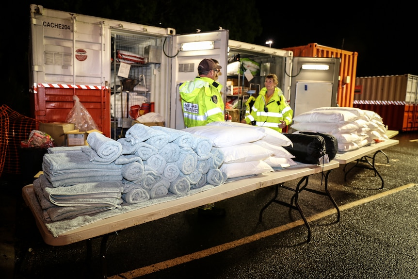 Towels and bedding at emergency service workers' base camp