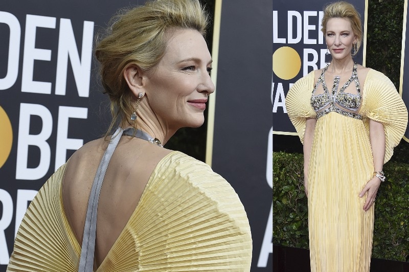 A composite image of Cate Blanchett wearing a yellow gown with a concertina detail at the back.