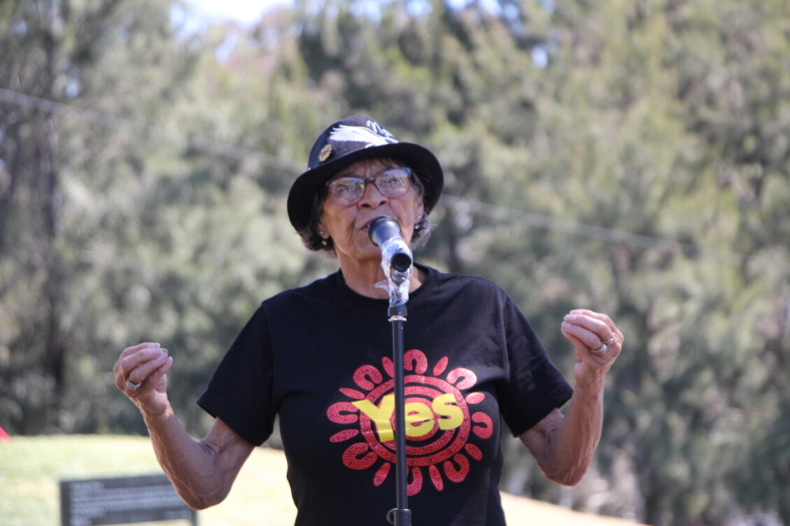 An indigenous elder speaking at a Voice event.