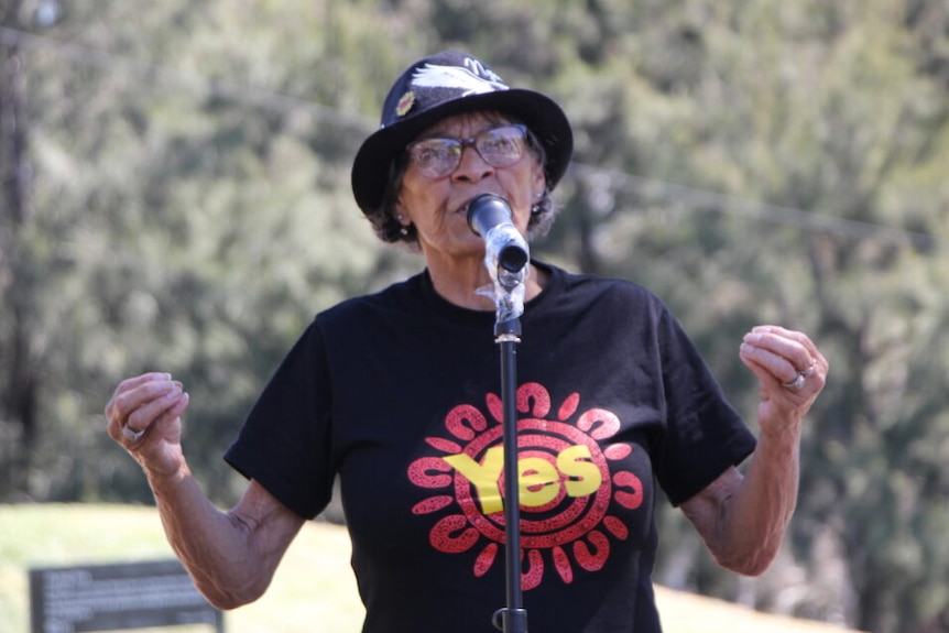 An indigenous elder speaking at a Voice event.