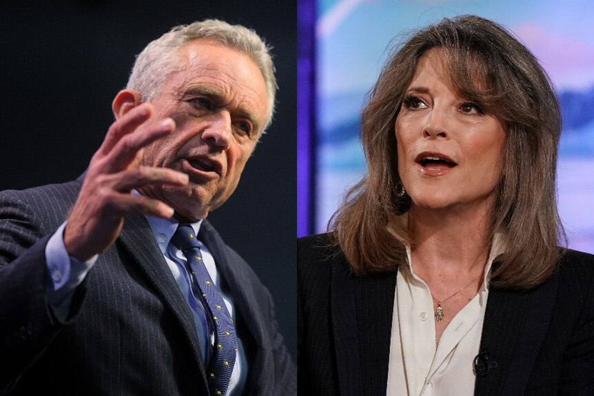 A composite image shows Robert F Kennedy Jr, gesturing with one hand, and Marianne Williamson, speaking from an armchair
