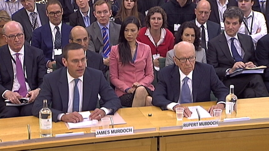 News Corporation boss Rupert Murdoch and son James answer questions at parliament. (Reuters)