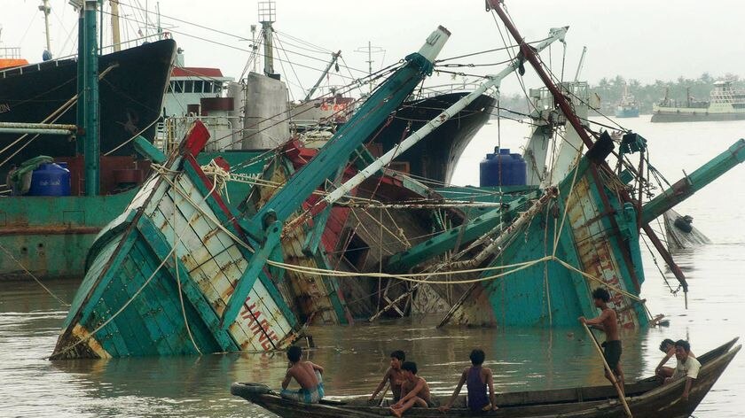 Destroyed fishing boats in Rangoon