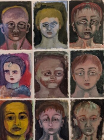 A section of Mirka Mora 1982 painting Panel of Faces