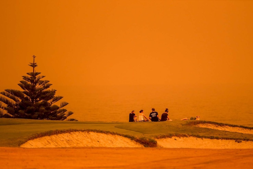 People sit on the dunes and wait in a golden haze