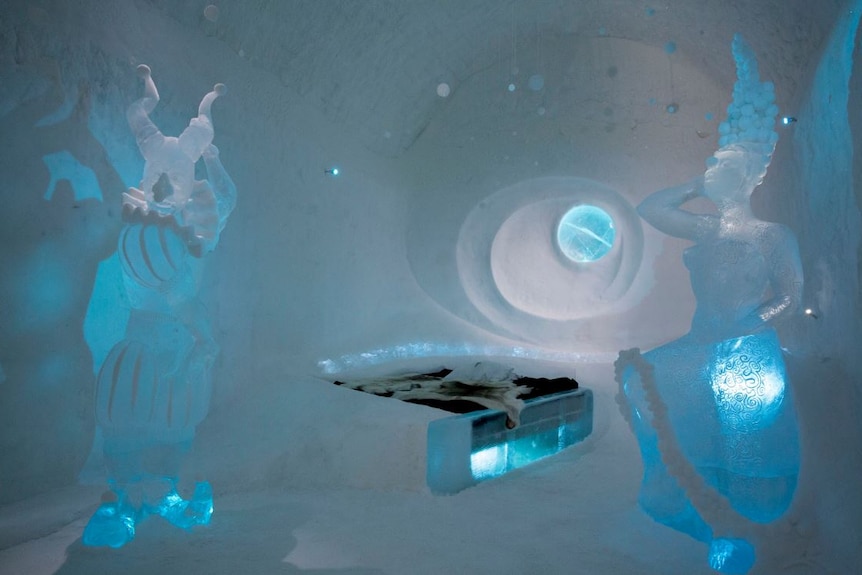 The entrance to an ice hotel suite