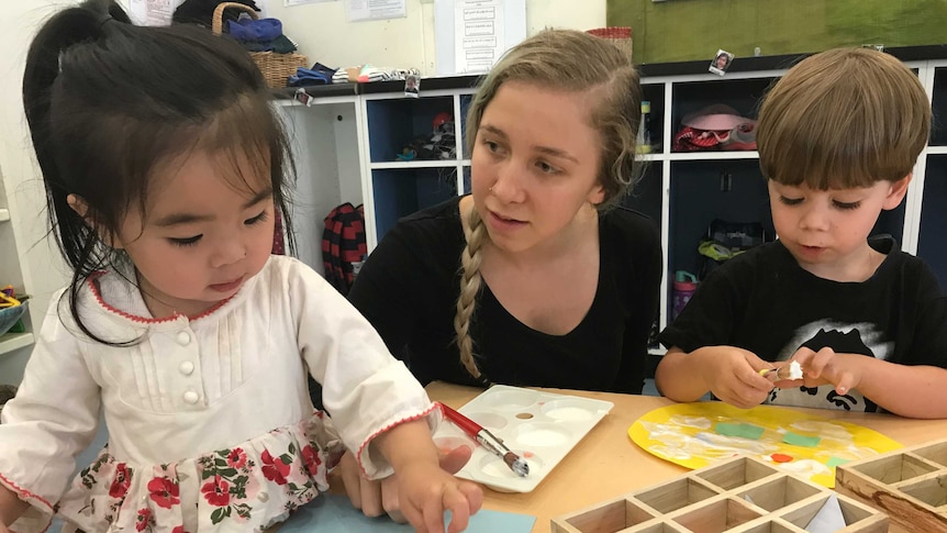 Childcare worker Rebecca MacDonald with two young kids