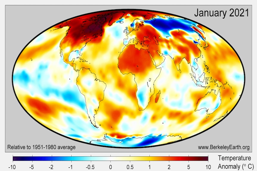 A map of the world showing cooler temperatures in Australia compared to other countries.