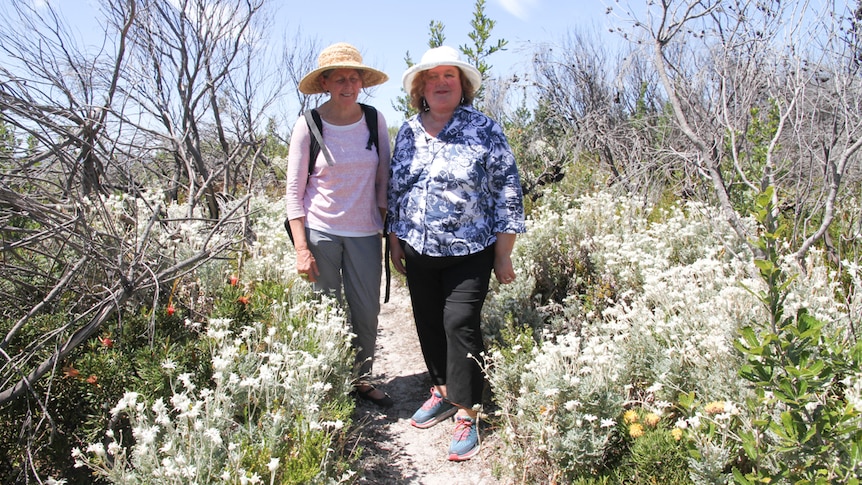 Two women stand in a lush bush landscape