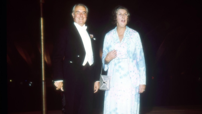 Margaret Whitlam with Husband, Gough, at a formal function in 1975.