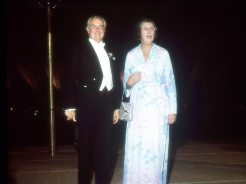 Margaret Whitlam with Husband, Gough, at a formal function in 1975.